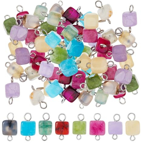 SUPERFINDINGS 32 Stück 8 Farben Naturstein Verbinder Perlen Würfel Anhänger Verbinder Mit 304 Edelstahl Silber Doppelschlaufen Für Armband Halskette Schmuckherstellung