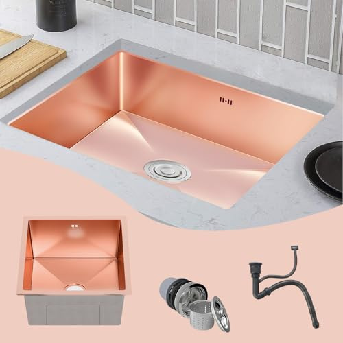 Fregadero Cocina oro rosa 70 x 45 cm Fregadero Cocina 1 Seno en Acero Inoxidable Fregaderos incluyendo sifón,rebosadero y desagüe de Jabón Fregadero Sobre Encimera o Enrasado