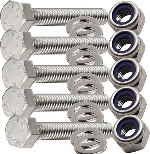 Lot de 5 boulons à tête hexagonale M5 x 80 mm avec écrous et rondelles en nylon entièrement filetés en acier inoxydable