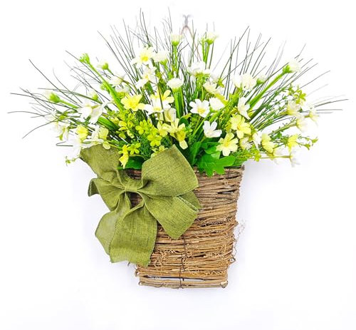 ZHDOKA Artificial Daisy Basket Wreath, Spring Summer Door Hanger Basket Wreath with Daisy Flower and Bow, Hanging Rattan Basket Wreath for Wall Wedding Front Door Decoration