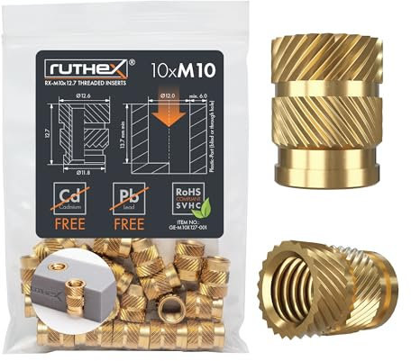 ruthex Inserto filettato M10 – 10 pezzi RX-M10x12.7 Boccola filettata in ottone senza piombo – Filetto/dado di pressatura stabile – Fusione di manicotto filettato in parti di pressione 3D in plastica