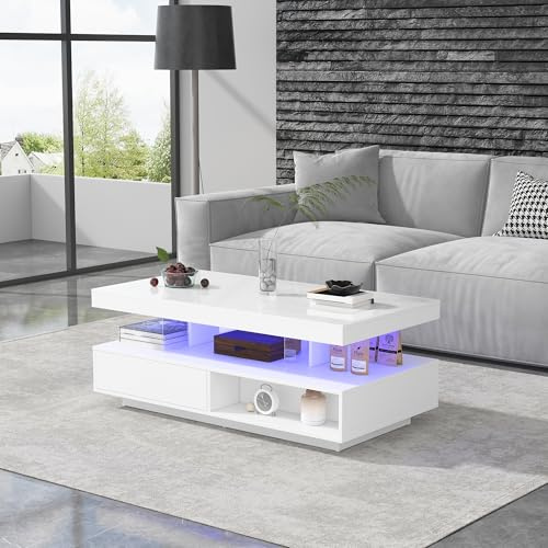 Physport Led Coffee Table with 2 Drawer Storage, Coffee Table for Living Room Open Storage Space Centre Table with 16-Color Led Lights,End Table for Home Office Furniture, White