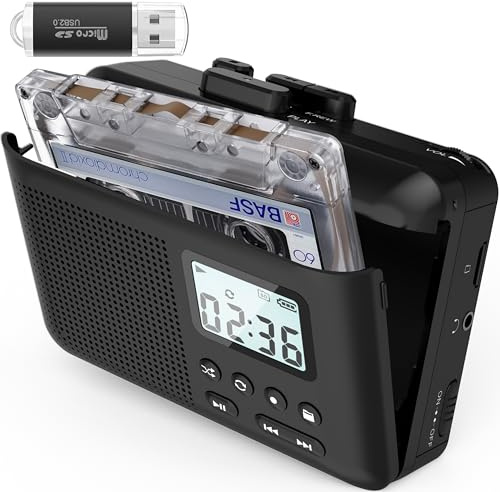 Portable Cassette Player with 3W Big Speaker Cassette Tape Recorder via Built-in Microphone, Cassette Convert to MP3, Supports External Microphone Input Power (Black)