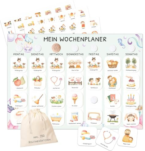JEKA Wochenplaner Kinder mit Klettpunkten A4-Format, Montessori Tagesplan mit 350 Routinekarten – visueller Routineplaner für Kinder, Familienplaner für mehr Struktur im Alltag (Meerjungfrau)