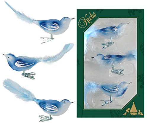 Krebs Glas Lauscha - Weihnachtsdekoration/Christbaumschmuck aus Glas - Vögel auf Clip - Farbe: blau transparent - 3 Stück - Größe: ca. 11 cm