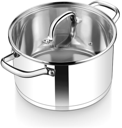 Herogo 5.6L Stock Pot, Stainless Steel Soup Pot with Clear Visible Lid, 24cm Induction Stockpot for Soup, Tri-Ply Bottom for All Stoves, Heavy Duty for Stewing/Cooking, U-Shaped Handle, Silver
