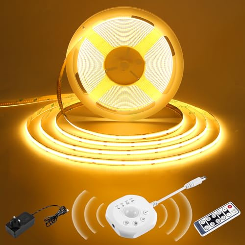 luktix Motion Sensor COB LED Strip 3m, DC24V Dotless LED Tape with Auto On/Off, 4 Timers Modes, Day/Night Lighting Modes, Movement Activated Warm White LED Strip for Stair, Bed, Wardrobe, Kitchen