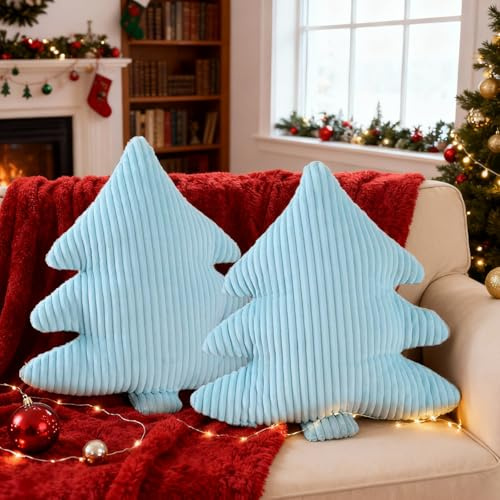 Lanpn 2 Stück Weihnachtsbaum Kissen Weihnachtskissen, Schmale Streifen Weihnachts Kissen Dekokissen Flauschiges Zierkissen für Party Bett Sofa Couch Innenbereich Weihnachtsdeko (Hellblau, 45.5x41cm)