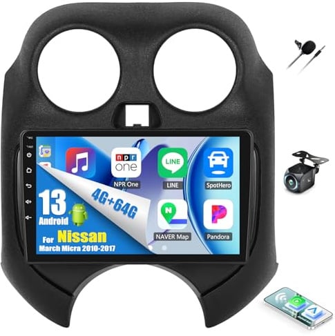 OiLiehu 4+64G Android 13 Autoradio für Nissan March Micra 2010-2017 Doppel Din Radio Carplay Android Auto Autoradio Mit Bildschirm 9 Zoll mit Bluetooth FM RDS GPS WiFi SWC EQ+Rückfahrkamera