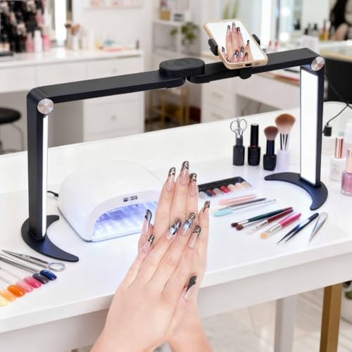 Nail Tech Lamp for Desk, Tri-Fold LED Manicure Beauty Light, Nail Arch Light with Phone Holder, 35W Foldable Make-up Lamp for Eyelash Extensions Makeup Tattoo Spa (Black)