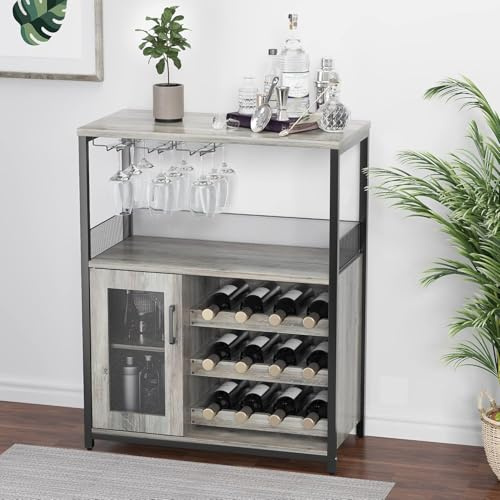 WEJIUAFB Wine Bar Rack Cabinet, Adjustable Shelves Coffee Bar Cabinet with Mesh Door and Baffle Design, 36 In Tall Small Liquor Bar Cabinet for Home, Kitchen, Dinning Room - Gray