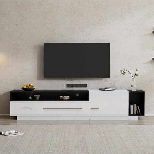 XQJLSL Meuble TV à Haute luminosité avec tiroir Porte Compartiment Ouvert Panneau Bas pour téléviseurs Jusqu’à 70 Pouces Commode pour Salon Chambre Table TV Blanc et Noir
