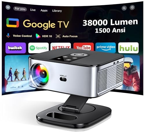 Proyector 4K【1500 ANSI/Google TV/Netflix Oficial】Horlat Proyector 38000Lúmenes Full HD 1080P Nativo,Auto Enfoque,Corrección y Evitación, WiFi6 &Bluetooth 5.2, Control de Voz Projector en Casa/Exterior