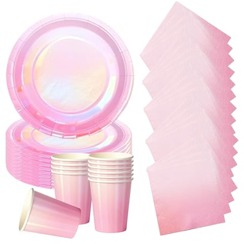 60P Colorful Laser Foil Party Paper Tableware Set,Pink Sparkling Party 20 Paper Plates 20 Napkins 20 Cups for Birthday,Colorful Dinner Plates Luncheon Napkins Paper Cups for Baby Shower Wedding Deco