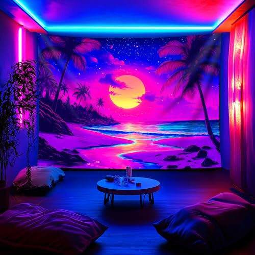 Arsey Schwarzlicht Wandteppich Tropischer Sonnenuntergang Strand mit Palmen, UV-Reaktiv Wandteppiche Wandbehang Stoff Aesthetic Wandtücher Deko Wohnzimmer Schlafzimmer, 230 x 180cm