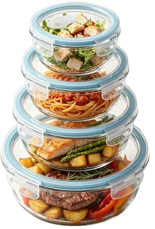 EASY SPEED 4pcs Recipientes de Cristal para Alimentos, Recipientes de Vidrio Herméticos con Tapas, Reutilizables, Apilables, Sin BPA, Apto para Microondas, Lavavajillas y Congelador