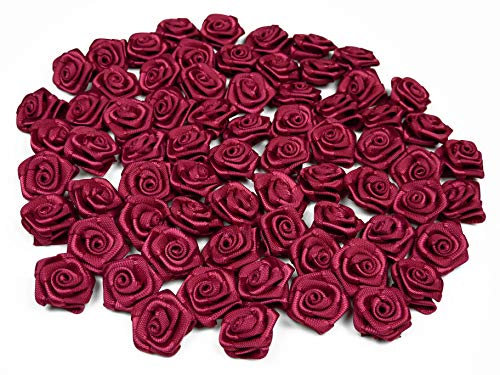 Rosen 15 mm x 20 Stück Satinrosen Aufnäher Deko Blumen Röschen zum Basteln Haarschmuck kleine Rosenköpfe Farbe: weinrot/bordeaux 193