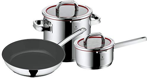 WMF Cromargan 760336380 Set of 3 Pans 4 Functions, Scale on Inside, Lid with 4 Pouring Functions, Made in Germany, Glass Lid, Stainless Steel, Suitable for Induction Cookers, Dishwasher Safe