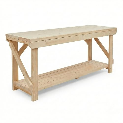 Arbor Garden Solutions 8ft Heavy Duty All-Timber Workbench - 38mm Solid Wood Top and Bottom Shelf - 64cm Deep Acorn Static Work Table (240cm)