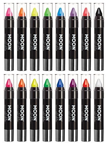 Moon Glow - Neon UV Face Paint Stick / Body Crayon makeup for the Face & Body - Pastel & Intense set of 16 colours - Glows brightly under UV lighting