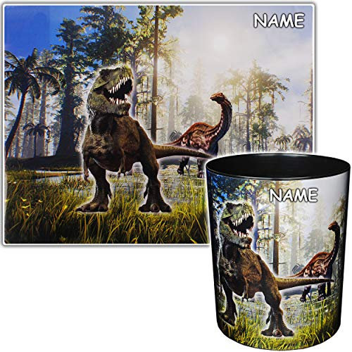alles-meine.de GmbH 2 TLG. Set Schreibtischunterlage & Papierkorb - Dinosaurier - Dino T-Rex - inkl. Name - Schreibtischset - Unterlage - 50 cm * 39 cm - abwischbar - Mülleimer..