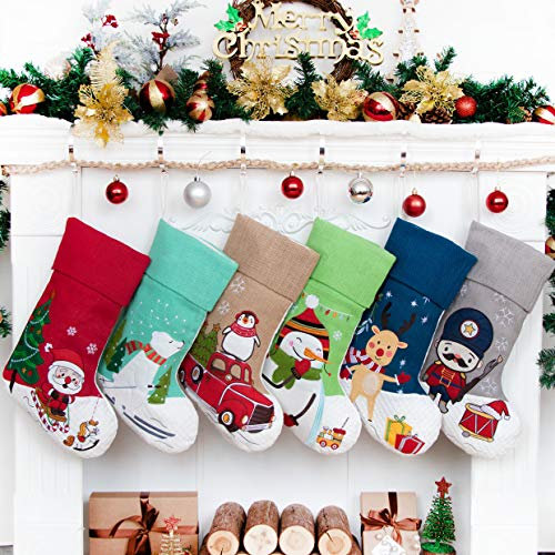 Lubots, Set mit 6 Weihnachtsstrümpfen, 50,8 cm, bestickt, Leinen, Sackleinen-Applikation, zum Aufhängen, Weihnachtsdekoration für Familie, Urlaub, Weihnachtsgeschenk