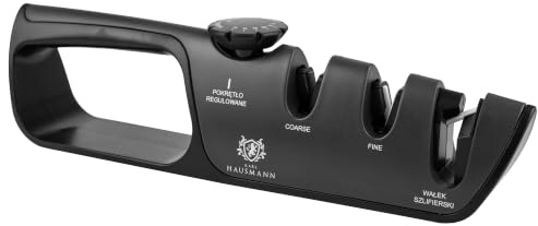 KARL HAUSMANN Messerschärfer 3 in 1, Winkel 14-24°, für Scheren | Manueller Messerschärfer mit Wolframkarbid, Keramik, Scherenrolle, Winkelregler und rutschfestem Stand