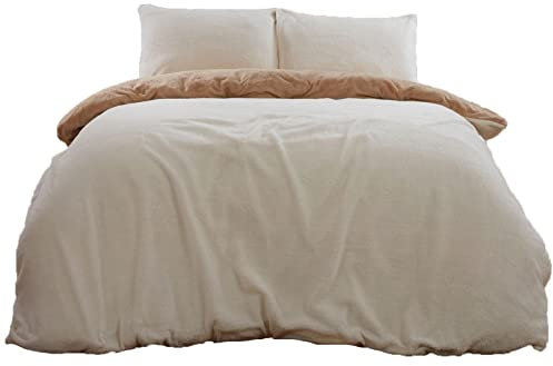 Brentfords Reversible Teddy Fleece Duvet Cover with Pillow Case Supersoft Fluffy Thermal Warm Soft Bear Bedding Set, Mink Latte Cream - Double