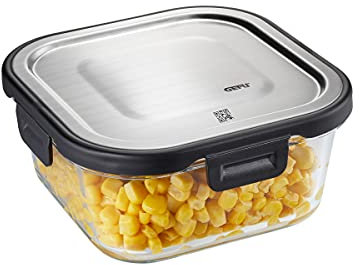 GEFU Frischhaltedose MILO - smarte Lunchbox mit Frische- & Vorratskontrolle per App, aus Glas mit Silikonverdichtung & Klick-Verschluss, Lebensmittelbehälter, Tupperdose, 300 ml, quadratisch