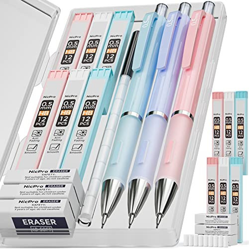 Nicpro 3 Stücke Druckbleistifte, 0,5 mm Pastell Druckbleistift Set, Niedliche Mechanische Bleistifte mit 6 Dosen HB Bleistiftminen, 3 Radiergummis, für Kinder Schule Schreiben Zeichnen, Skizzieren