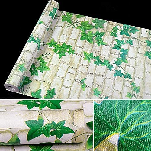 ZZjingli Jhy Green Verte Brique blanche Creative 3D pierre pierre décoration de papier peint Papier peint Autocollants Chambre à coucher Salon Wall Wallpaper Perminer, Taille: 45 x 1000cm