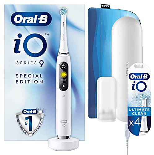 Oral-B Special Edition iO - 9 - White Electric Toothbrush, 1 High End Handle Using Revolutionary Magnetic Technology, 1 Magnetic Pouch with 4X Extra Toothbrush Heads - Designed by Braun