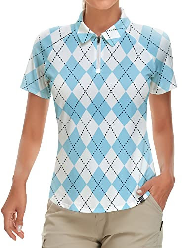 Soneven Chemise a Carreaux Polo Femme Bleu Manches Courtes 1/4 Zip Respirant Séchage Rapide pour Golf Tennis Loisirs