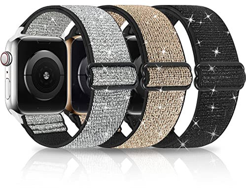 HPJK Lot de 3 bracelets de sport à paillettes, compatibles avec Apple Watch, 45 mm, 44 mm, 42 mm, en nylon tressé pour iWatch Series 7, 6, 5, 4, 3, 2, 1 SE, 45 mm, 44 mm, 42 mm, noir, or, argent,
