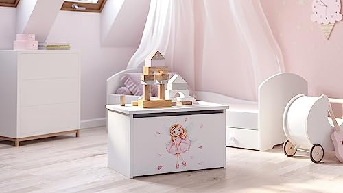 KOBI Coffre a Jouets DARIA | 42 x 73 x 40 cm | Coffre de Rangement Enfant | Caisse pour Jouet | Garcon et Fille | Bac a Jouet Chambre Enfants Bebe | Blanc avec Fée Rose