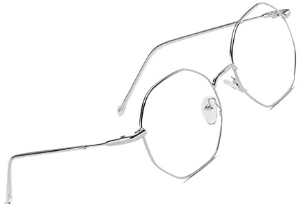 Voolga Klassische Retro Blaulichtfilter Brille, Polygon Brille Ohne Stärke Damen und Herren, Mode Fake Brille für Anti Blaulicht von Computer mit Metall Brille Beine (Silver)