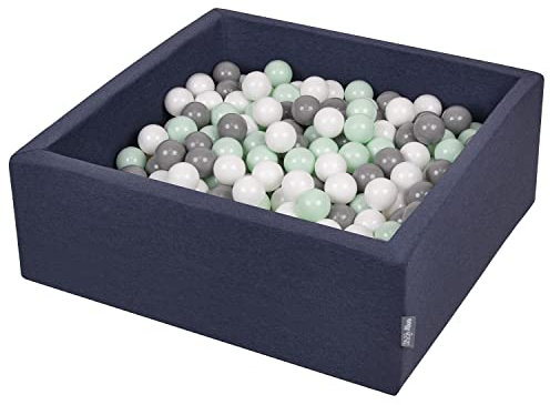 KiddyMoon Bällebad 90X30cm/200 Bälle ∅ 7Cm Bällepool Mit Bunten Bällen Für Babys Kinder Quadrat, Dunkelblau:Weiß/Grau/Mint