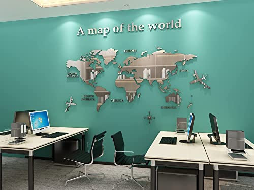 WINDIR 3D World Map Wall Stickers Decor Murals DIY Decal Silver 71x40 inch, Acrylic Office Wall Art Decor Bedroom living room TV wall (Silver: 180x100 cm) Large