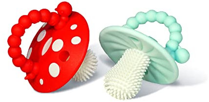 RaZbaby Chompy Beißring für Säuglinge & Babys, 3 Monate + Beißring Spielzeug mit Massageborsten zur Linderung des Zahnens, Schnuller – beruhigt schmerzendes Zahnfleisch, BPA-frei, Rot/Blau