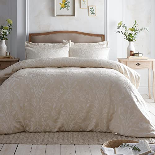 Appletree Lindly Champagne Floral Duvet Cover – King Size 230x220cm – Heavyweight Jacquard – Soft Touch Microfibre – Bird & Flower Pattern – Luxury Bedding Set with 2 Pillowcases