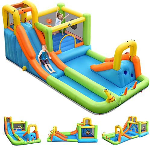 GOPLUS Castillo Hinchable para Niños, Hinchable Grande con Piscina, Pistola de Agua Tobogán Acuático, Adecuado de 3 a 10 Años, 504 x 295 x 217 cm