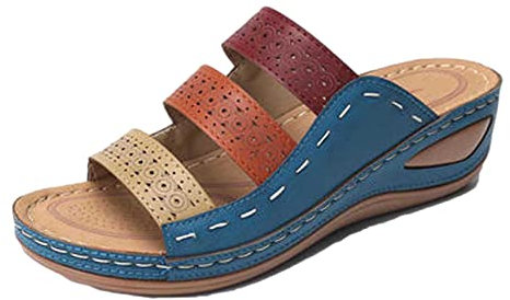 Susenstone Sandales Compensée Femme Bout Ouvert Pantoufles Slip-on Été Claquettes Nu Pieds Semelle Confort Chaussures Antidérapant de Plage Wedges Platform Slipper Bohemia Beach Sandals Bleu 40 EU