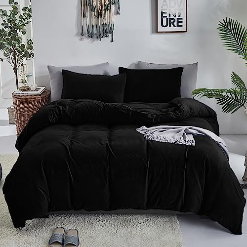 Luxlovery Schwarze Samtdecke für King-Size-Bett, flauschige Plüsch-Bettwäsche, dunkle Farbe, minimalistische Bettwäsche, einfarbig, moderne Decke, Steppdecke, Winter, warmes Flanell-Bettwäsche-Set für
