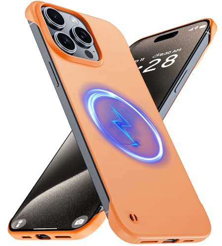GRECAZO Magnetic Slim Case Fit for iPhone 15 Pro Phone Case 6.1(2023) Ultra-Thin Lightweight Durable Frameless Matte Hard MagSafe Cover Case with Pull Ring Shockproof Non Slip Rope-Orange