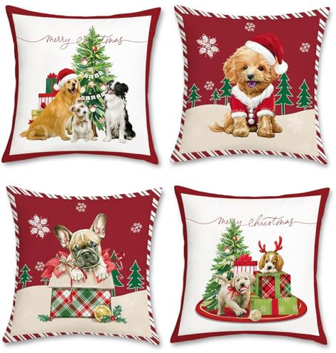 Bonhause 4er Set Kissenbezüge Weihnachten Hund 45 x 45 cm Xmas Schöner Hund Rot Samt Soft Dekorative Kissenhülle Zierkissenbezüge für Sofa Schlafzimmer Zuhause Winterurlaub Dekoration