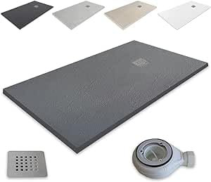 Receveur de douche en résine Atlantic - outletaseo - Texture ardoise antidérapante avec siphon et grille (180x90, Gris graphite RAL7021)