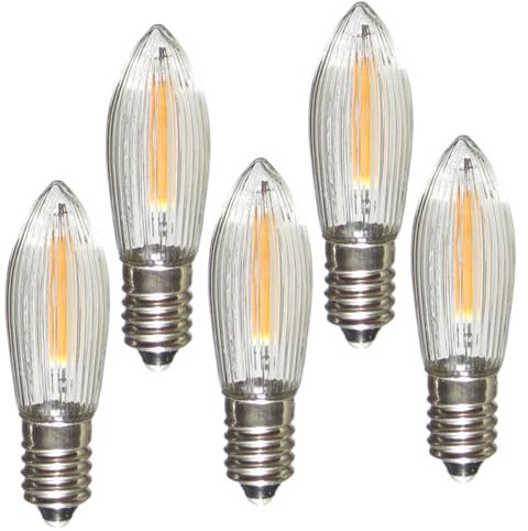Erzgebirgslicht - AUSWAHL - 5 Stück LED Filament Topkerze 8 V 0,2 W für INNEN, für 28-30 Brennstellen E10 Riffelkerze Ersatzbirne Glühbirne Glühlämpchen für Lichterketten Pyramide Schwibbogen