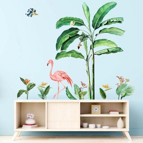Amimagen Wandtattoo Tropische Blätter Flamingo Wandaufkleber – Grüne Pflanzen Vögel Tiere Blumen Wandsticker – Wohnzimmer Schlafzimmer Sofa TV Hintergrund Wanddeko