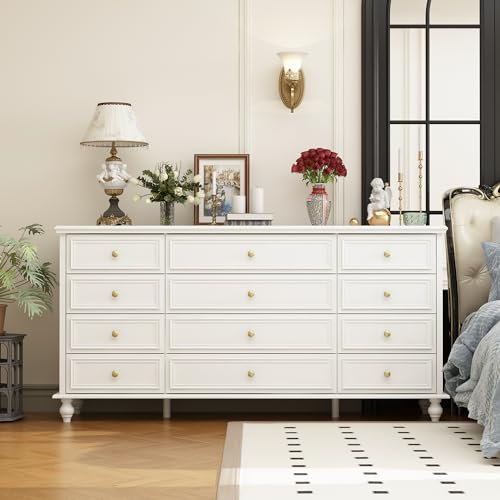 Caldion Kommode Weiß mit 12 Schubladen Moderne Sideboard mit Gold Metall Griffe,Holzbeine für Wohnzimmer,Schlafzimmer Weiß 160cm Breit