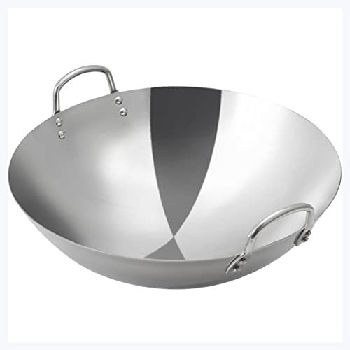 Wok e padelle, Wok Grande in Acciaio Inossidabile, Wok Antiaderente con Fondo Tondo Addensato, Non Rivestito, Pentole, Wok Professionale, Doppio Orecchio, per Fornelli a Gas, 38 cm